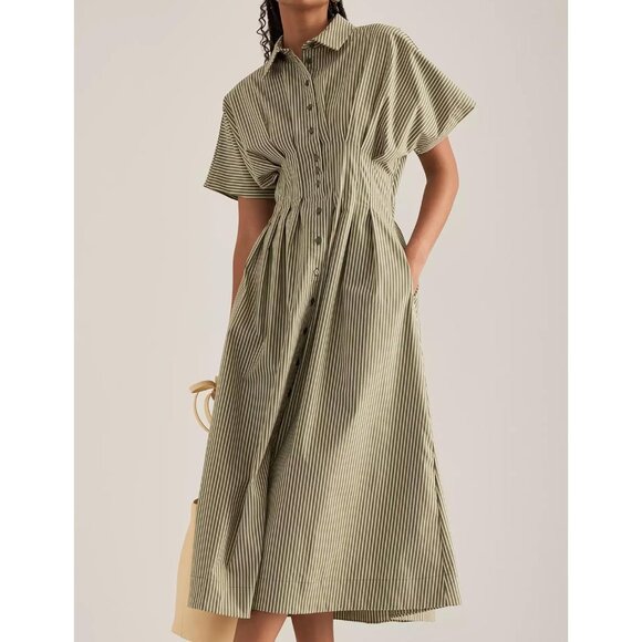 Women’s Cotton Pleated Maxi Dress Short Sleeve Button Collar Casual - Picture 3 of 6